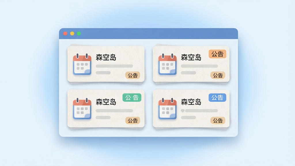 画面主体为一块悬浮的信息面板,面板上排列着“森空岛”官方资讯卡片,卡片带有日历图标与公告标签;布局为居中对称排版,背景是柔和的浅蓝色光晕;风格为现代扁平插画,细节处加入细微的纸张纹理与投影;画质干净清晰,整体无多余装饰元素。