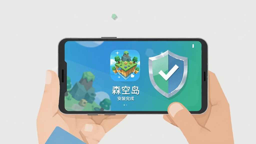 画面主体为一双手持握安卓手机,屏幕显示“森空岛”应用安装完成后的启动画面,旁边有盾牌图标与勾选标记;布局为居中构图,背景为浅灰色纯色底;风格为简洁的扁平提示插画,配色以蓝绿为主;细节处盾牌带有轻微高光,手机边缘线条干净;画质清晰,画面无多余装饰。