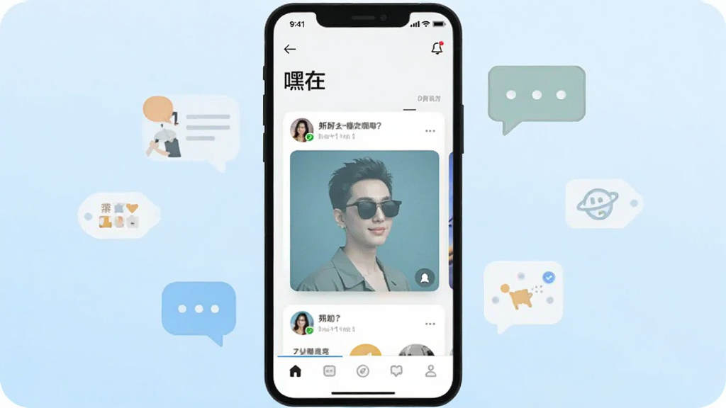 画面中央放置一部智能手机,屏幕上显示“嘿在”应用的主界面,界面包含底部导航栏和好友动态卡片,手机周围环绕着几个简约的聊天气泡图标和兴趣标签图标,背景为浅蓝色渐变,整体采用扁平化插画风格,细节干净利落,画质清晰,无多余装饰元素