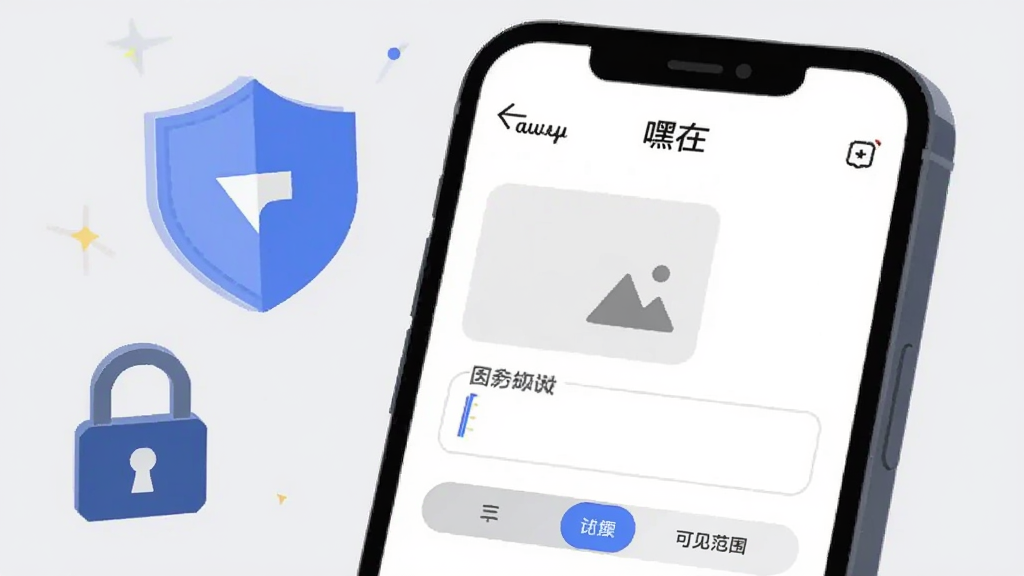 画面呈现一个手机屏幕特写,屏幕上显示“嘿在”的动态发布页面,有图片上传区域、文字输入框和可见范围选择按钮,屏幕旁边漂浮着一个盾牌图标和一把锁图标,象征隐私保护,背景为浅灰色,风格为扁平化UI插画,画质清晰,无多余元素