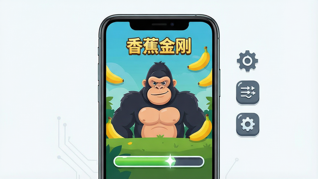 一张手机游戏安装与运行场景插画,画面主体是一部智能手机屏幕显示香蕉金刚游戏界面,旁边有安装进度条与设置图标,布局为居中构图,排版简洁直观,风格为扁平化科技插画,细节包括手机边框、进度条高光、游戏画面中的大猩猩与香蕉元素,画质清晰干净,无多余元素,画面中可加入文字“香蕉金刚”作为标识