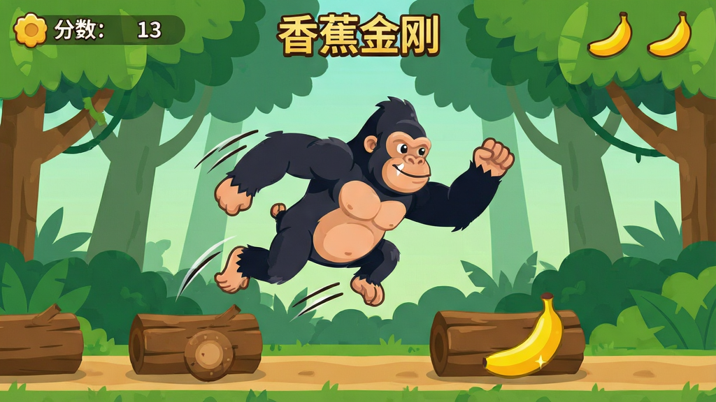 一张卡通风格的游戏玩法示意图,画面主体是一只大猩猩在丛林跑道上跳跃躲避滚木,布局为居中构图,上方显示分数与香蕉数量,排版简洁明了,风格为扁平化卡通插画,细节包括跳跃动作的动态线条、香蕉的金色光泽、背景的层叠树冠,画质清晰干净,画面中可加入文字“香蕉金刚”作为标识