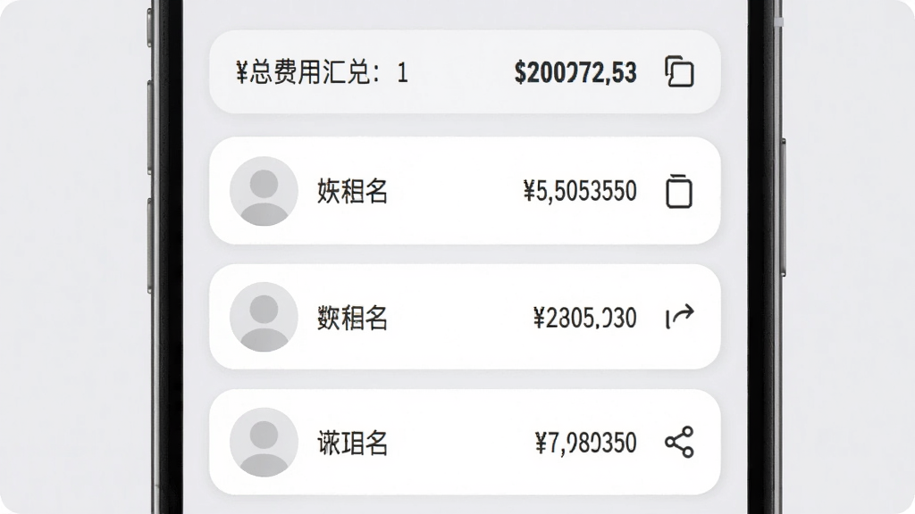 水电费月度计算应用的分摊结果页面,屏幕显示三人分摊列表,每行包含头像占位、姓名与应付金额,顶部为总费用汇总条,布局为纵向列表式,风格为柔和圆角卡片设计配浅灰底色,细节包含复制按钮与分享图标,画质清晰干净,无多余元素