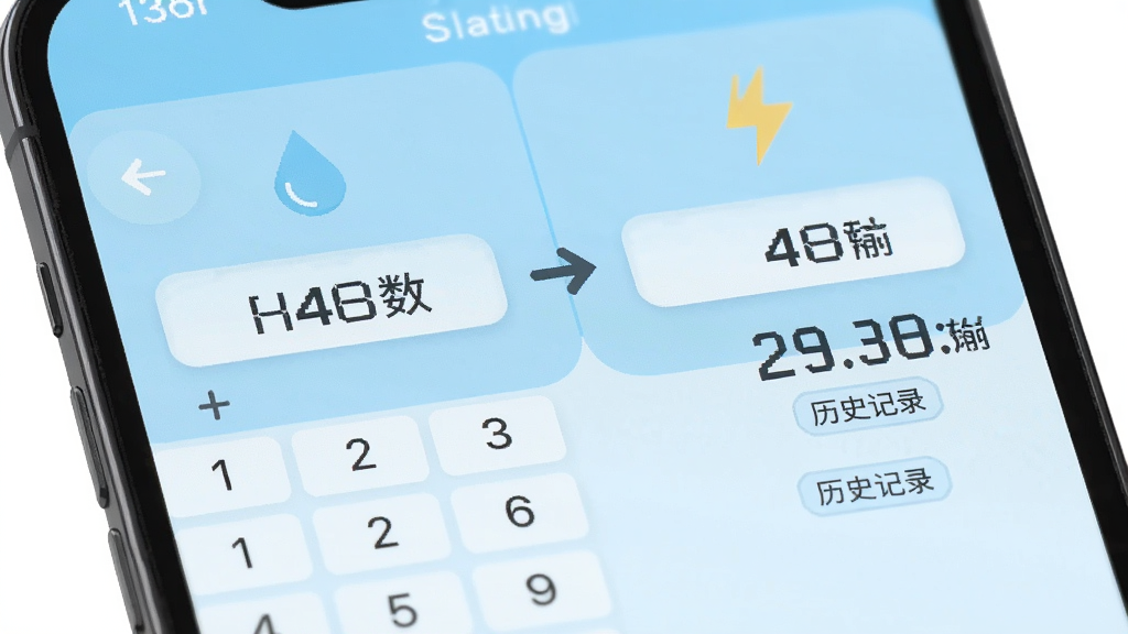 手机屏幕特写展示水电费月度计算的双表录入页面,左侧为水表读数输入区配水滴图标,右侧为电表读数输入区配闪电图标,中间为自动计算箭头,布局左右对称,风格为浅蓝色清新扁平化UI,细节包含数字键盘、历史记录小标签,画质高清干净,无多余元素