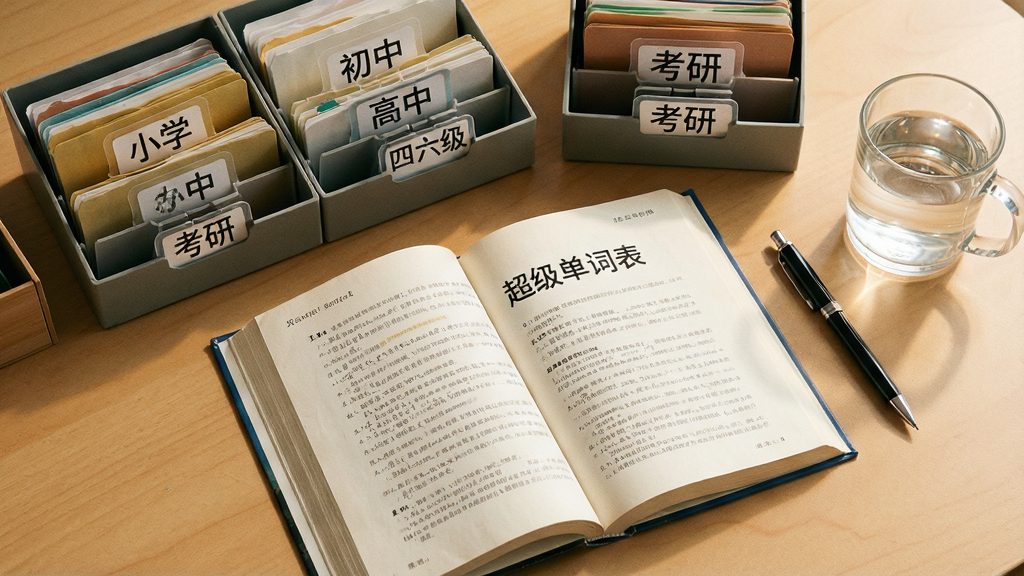 一张俯视视角的桌面场景图,桌面上摊开一本单词书,书页上印有