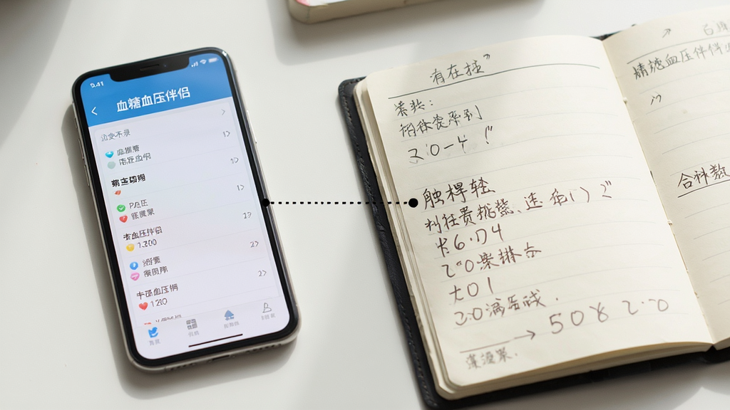 主体为手机与纸质记录本并排放置在桌面,手机屏幕显示