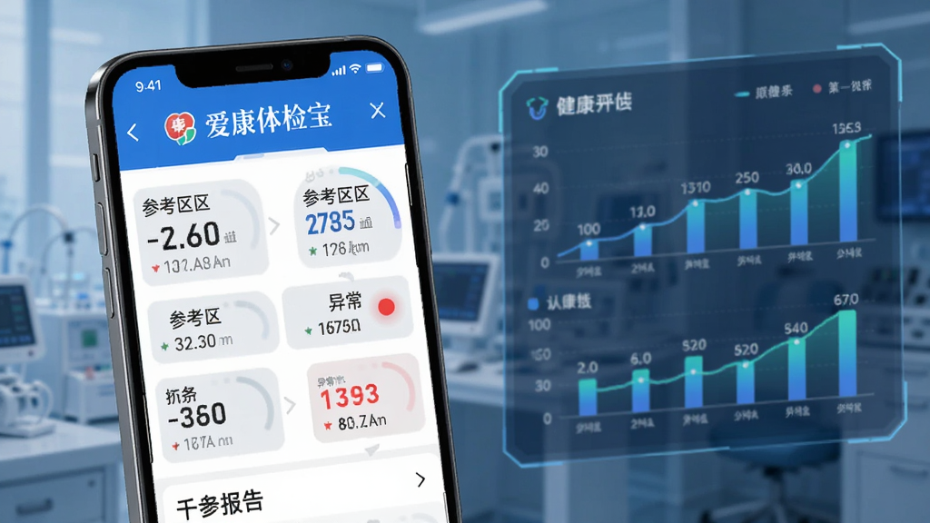 主体为手机屏幕展示爱康体检宝电子体检报告页面,布局为左侧手机右侧数据图表,风格医疗健康科技感,细节包括指标数值、参考区间、异常标注红点,画质清晰,干净,无多余元素