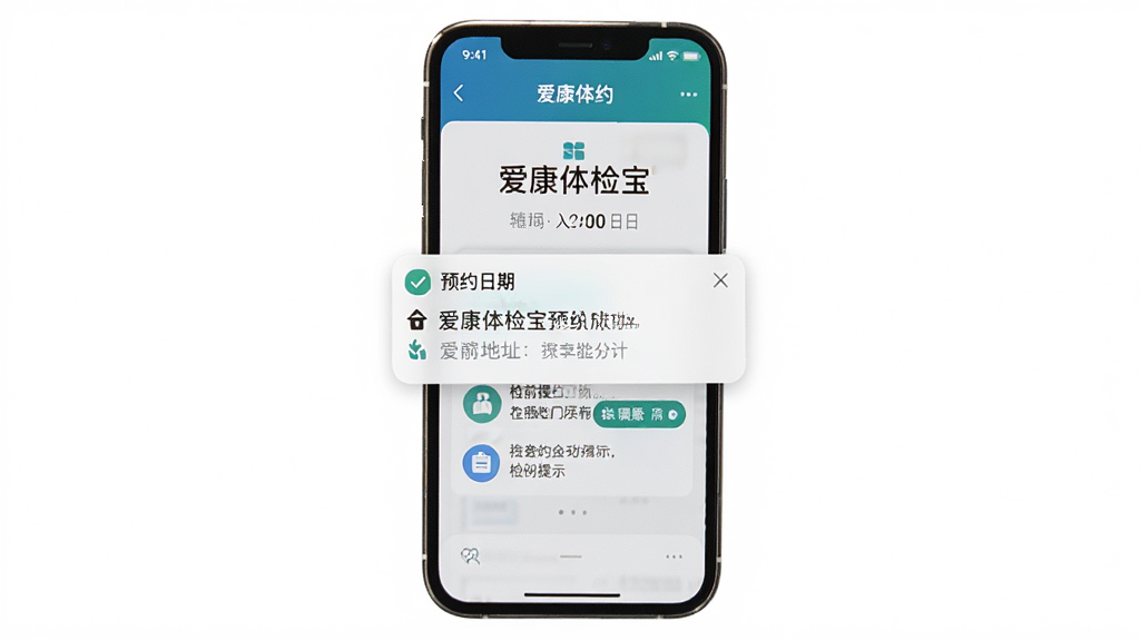 主体为手机屏幕展示爱康体检宝预约成功提醒页面,布局为居中手机加通知弹窗,风格清爽简洁,细节包括预约日期、门店地址、检前提示文字,画质清晰,干净,无多余元素