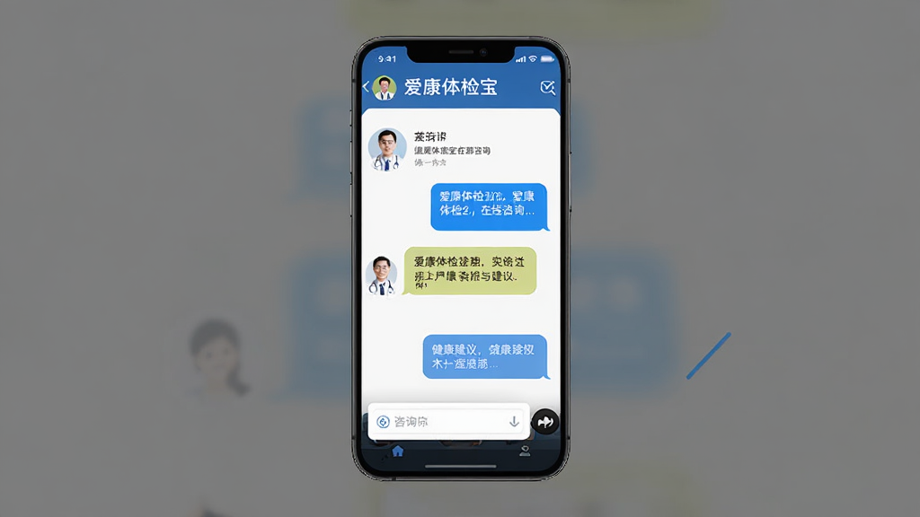 主体为手机界面展示爱康体检宝在线咨询对话窗口,布局为居中手机加对话气泡,风格亲和专业,细节包括医生头像、咨询输入框、健康建议文字,画质清晰,干净,无多余元素