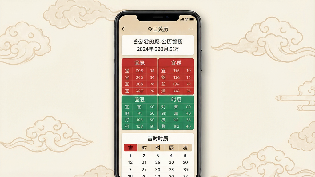 一张手机屏幕界面展示图,画面中央是一部竖放的安卓手机,手机屏幕上显示“今日黄历”应用的主界面,界面顶部为农历日期与公历日期对照,中部为红色与绿色分区的宜忌条目列表,底部为吉时时辰表卡片,背景为浅米色带淡雅云纹的国风底纹,整体布局为居中对称排版,风格为简洁现代国风,细节上手机边缘有柔和阴影、界面文字清晰可读,画质高清、画面干净、无多余元素