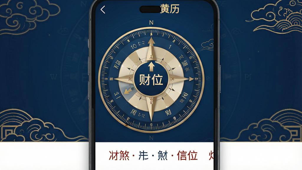 一张“今日黄历”应用财位与冲煞信息页面的展示图,画面主体为手机屏幕正面视图,屏幕上显示一个罗盘样式的圆形方位图,图中央标注“财位”字样并带方向箭头,下方为一行冲煞生肖提示文字,背景为深蓝色带金色线条的国风图案,布局为上下结构居中排版,风格为传统国风与现代UI结合,细节上罗盘刻度清晰、文字可读,画质高清、画面干净、无多余元素