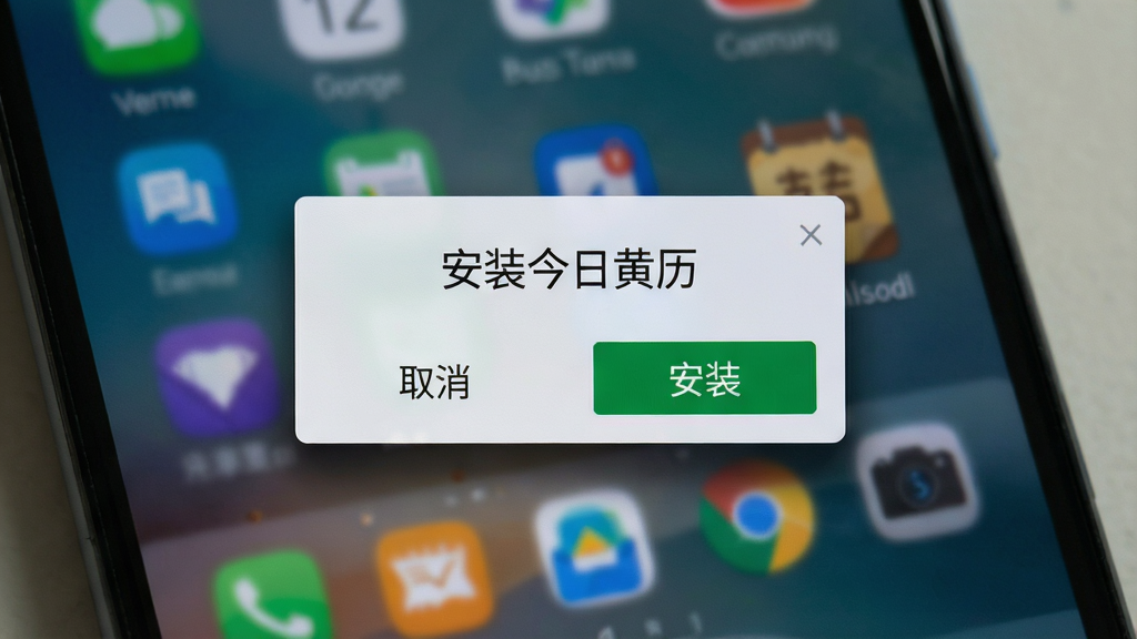 一张安卓手机安装应用过程的界面展示图,画面主体为手机屏幕显示安装确认弹窗,弹窗标题为“安装今日黄历”,下方有“取消”与“安装”两个按钮,屏幕背景为手机桌面模糊效果,布局为居中弹窗构图,风格为真实手机截图风格,细节上弹窗阴影自然、按钮文字清晰,画质高清、画面干净、无多余元素