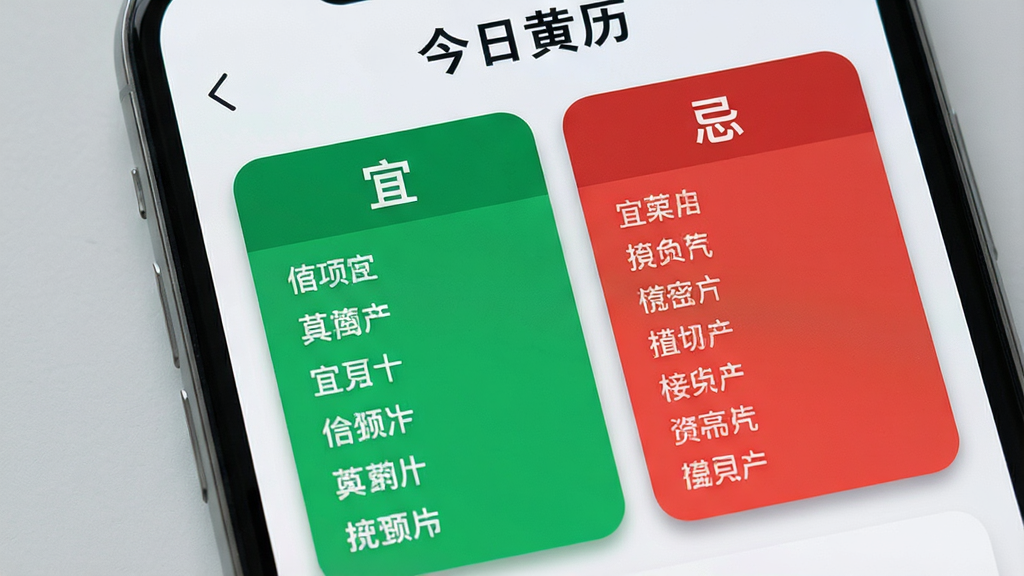 一张“今日黄历”应用宜忌界面的特写展示图,画面主体为手机屏幕局部放大,屏幕中央为左右分栏的宜忌卡片,左侧绿色区块标题为“宜”并列出多条事项,右侧红色区块标题为“忌”并列出多条事项,卡片为圆角矩形带轻微投影,背景为浅灰色桌面,布局为居中特写构图,风格为清爽扁平化,细节上文字边缘锐利、色彩分区明确,画质高清、画面干净、无多余元素
