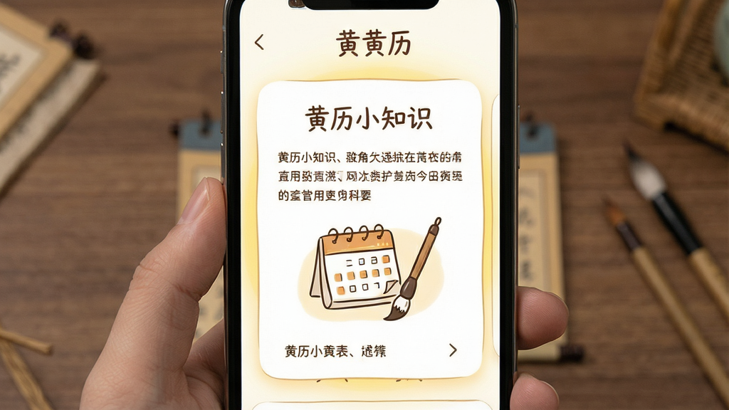 一张“今日黄历”应用知识科普页面的展示图,画面主体为手机屏幕显示一篇图文混排的科普卡片,卡片标题为“黄历小知识”,正文为几段短文字配一个小插图,插图为一个简笔画的日历与毛笔,背景为暖白色带淡黄色光晕,布局为居中卡片式排版,风格为温馨手绘风,细节上文字排版疏朗、插图线条柔和,画质高清、画面干净、无多余元素