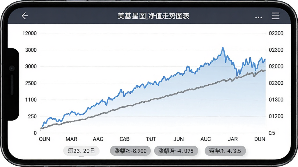 美基星图净值走势图表页面,手机屏幕显示一条蓝色基金净值曲线与一条灰色同类平均曲线,横轴为时间月份,纵轴为净值数值,图表下方有日期与涨跌幅数据标签,界面风格简洁专业,布局规整,画质清晰,画面干净