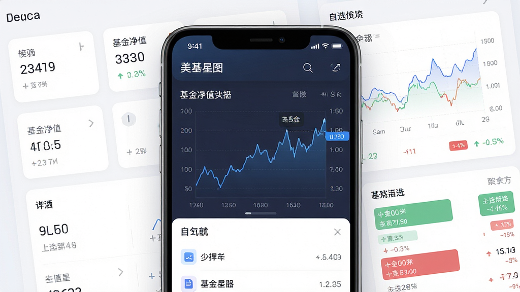 美基星图应用主界面展示,画面中央是一部智能手机,屏幕内呈现基金净值曲线图表与自选列表,背景为简洁的浅色金融数据面板,布局清晰,风格现代简约,细节包括数字卡片、折线图、涨跌色块,画质高清,画面干净,无多余元素