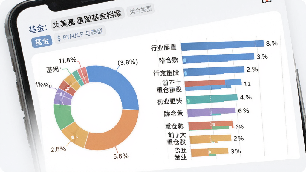 美基星图基金档案页面,手机屏幕内展示环形图与条形图组合,环形图显示行业配置比例,条形图列出前十大重仓股名称与占比,页面顶部有基金名称与类型标签,界面采用浅色背景,风格数据可视化,细节丰富,画质高清,无杂乱元素
