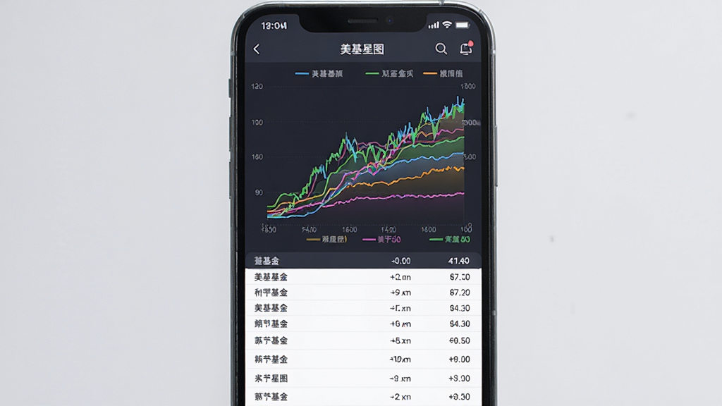 美基星图基金对比界面,手机屏幕显示多条不同颜色的净值曲线叠加在同一图表中,下方有对比基金名称列表与各项指标数值,界面布局对称,风格专业清晰,细节包括图例标签与数据表格,画质高清,画面干净整洁