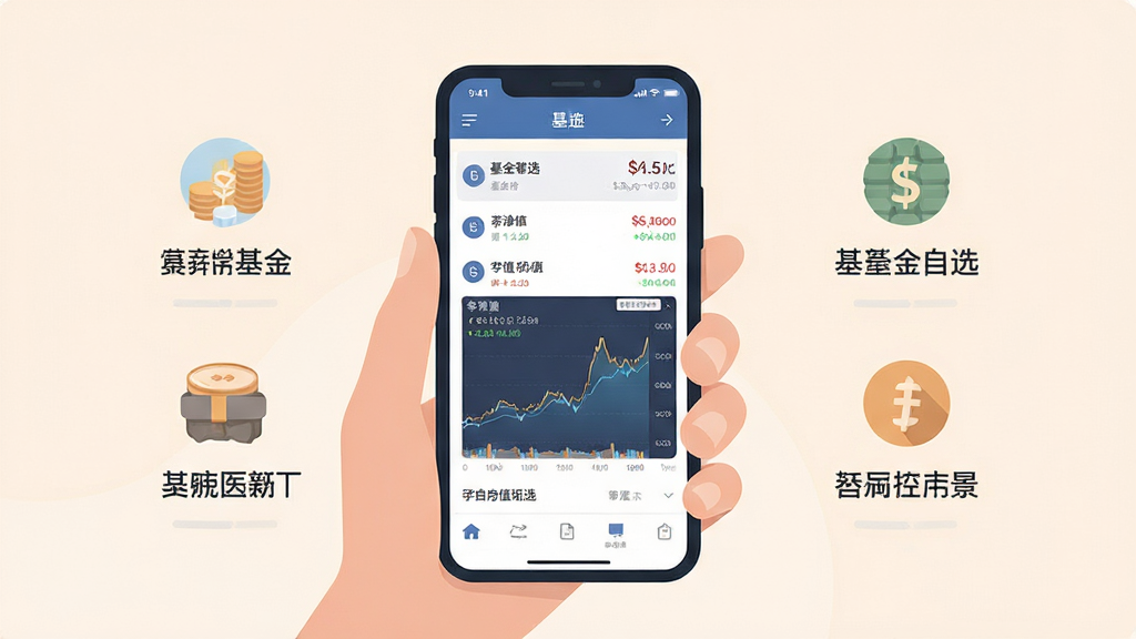 美基星图新手使用场景插图,画面展示一只手握持手机,屏幕内为基金自选列表与净值曲线,旁边有简洁的提示图标与文字标签,背景为柔和浅色,风格扁平化插画,布局中心突出手机屏幕,细节清晰,画质干净,无多余元素