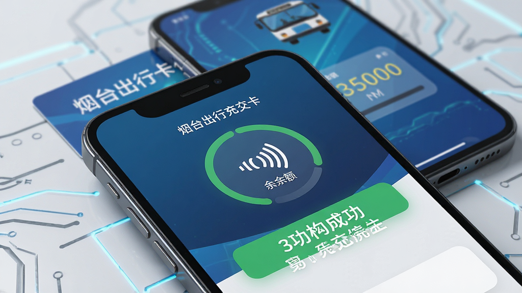 一张烟台出行公交卡充值界面展示图,画面为手机屏幕特写,屏幕内显示NFC贴卡充值进度与余额信息,背景为公交卡与手机的叠放构图,风格科技感十足,细节突出充值成功提示,画质干净无杂乱元素