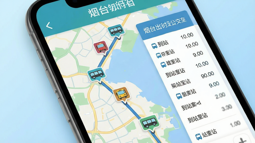 一张烟台出行实时公交功能展示图,画面主体为手机屏幕特写,屏幕内显示地图上多个公交图标沿线路移动,旁边配有到站时间列表,背景为浅蓝色渐变,风格扁平化设计,细节清晰展示车辆位置与站点信息,画质干净明亮