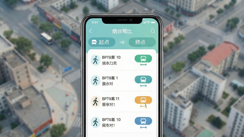 一张烟台出行换乘规划功能示意图,画面中手机屏幕显示起点到终点的路线方案列表,包含步行图标与公交线路标签,界面配色清新淡雅,背景为城市街区俯视图的柔和虚化,风格现代简约,细节表现方案对比信息,画质清晰干净