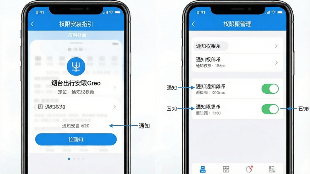 一张烟台出行安装与权限设置指引图,画面为手机屏幕分屏展示,左侧显示应用安装界面,右侧显示权限管理页面,界面采用蓝白配色,背景简洁干净,风格教程指引类,细节清晰标注定位与通知权限开关位置,画质明亮无杂乱