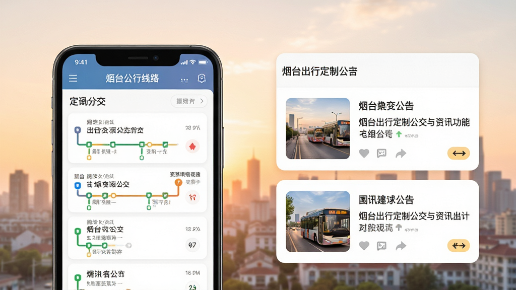 一张烟台出行定制公交与资讯功能组合图,手机屏幕左侧显示定制公交线路列表,右侧显示资讯公告卡片,界面采用卡片式布局,背景为淡雅的城市晨光色调,风格温馨实用,细节清晰展示线路与公告内容,画质柔和干净