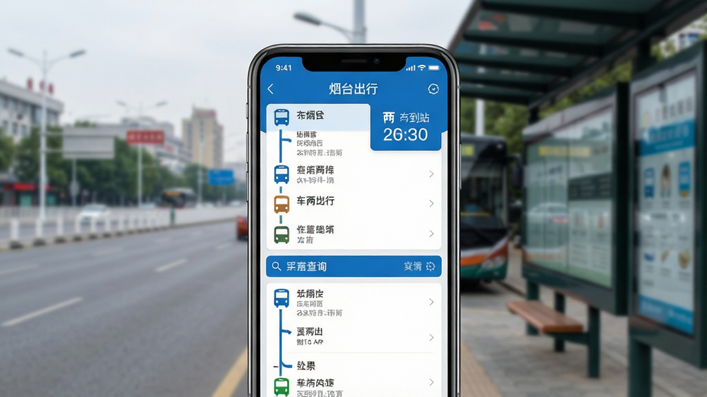 一张展示烟台出行手机应用界面的场景图,画面中央是一部竖屏智能手机,屏幕上显示烟台出行APP的实时公交查询页面,蓝色为主色调,页面顶部有公交线路列表和车辆到站倒计时,背景是烟台城市道路与公交站台的虚化场景,风格简洁现代,细节清晰,画质干净高清,无多余元素