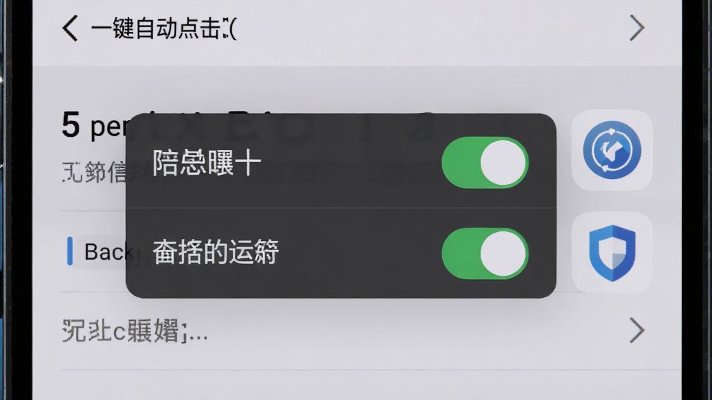 一张展示手机设置界面的写实图片,画面中悬浮窗权限与后台运行开关处于开启状态,旁边有一键自动点击器(有)图标与盾牌安全标识,背景为浅灰色设置页面,布局清晰,风格简洁实用,细节明确,画质干净高清