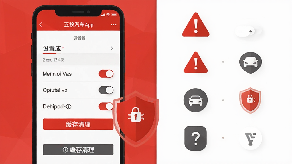 手机屏幕显示五菱汽车App设置页面与权限管理界面,旁边放置警示图标与盾牌安全标识;采用扁平化信息图风格,红色与深灰色搭配;布局左侧手机右侧图标列表;细节突出权限开关与缓存清理按钮,画质清晰,画面干净利落