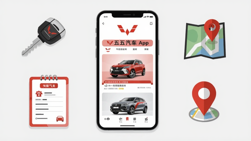 画面中央放置一部智能手机,手机屏幕显示五菱汽车App首页界面,包含红色品牌标志与车辆卡片;手机周围环绕汽车钥匙、保养工单、地图定位图标等元素;整体采用扁平化插画风格,红色与白色为主色调,背景干净浅灰;细节清晰,画质锐利,无多余装饰元素
