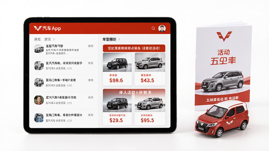 五菱汽车App资讯页面与车型报价页面并排展示在平板电脑屏幕上,旁边放置五菱车模与宣传册;采用简洁商务风格,白色背景搭配红色点缀;布局左右分栏,左侧资讯列表右侧车型卡片;细节呈现价格标签与活动横幅,画质高清,画面干净整洁