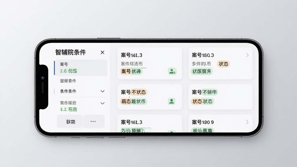 智辅院方案件信息查阅功能展示,画面中手机屏幕显示案件列表界面,左侧为筛选条件栏,右侧为案件卡片列表,每张卡片包含案号与状态标签,背景为浅灰色渐变,风格简约商务,细节清晰,画质高清干净无多余元素