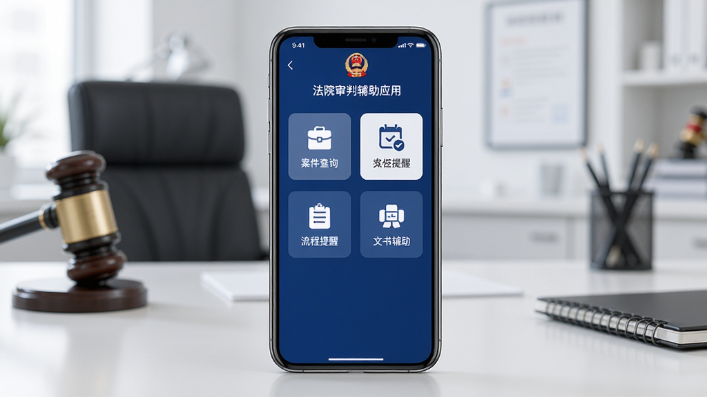 智辅院方软件主界面展示,画面中央是一部智能手机,屏幕中显示法院审判辅助应用的首页布局,包含案件查询、流程提醒、文书辅助等功能入口图标,整体采用深蓝色政务风格配色,背景为简洁的办公桌面环境,构图居中对称,风格写实清晰,细节丰富,画质高清干净无多余元素