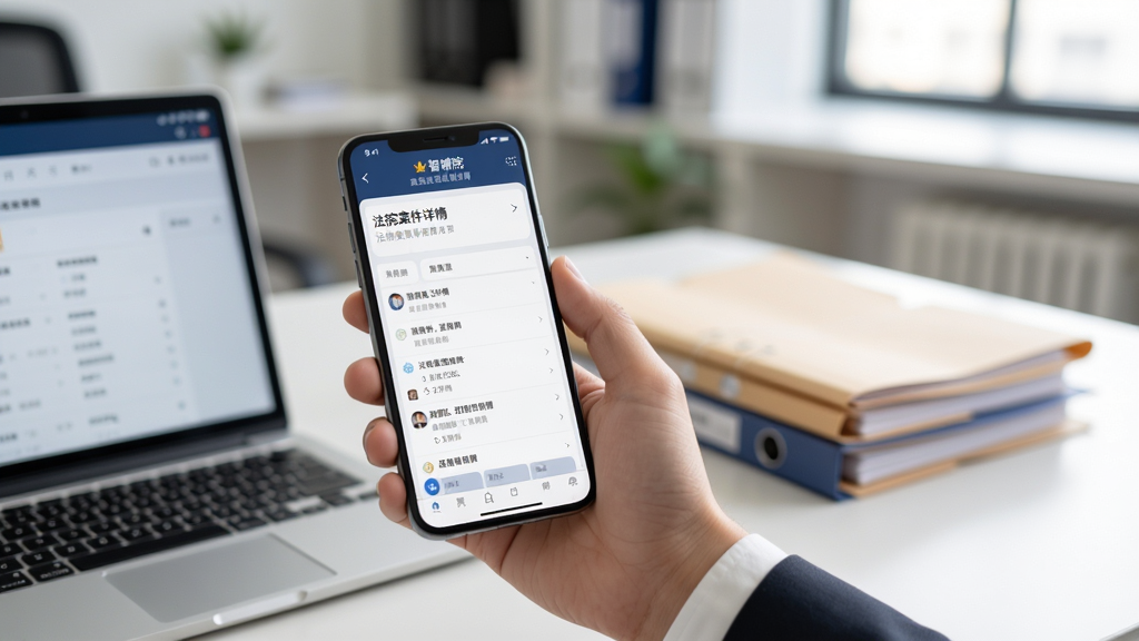 智辅院方移动端使用场景展示,画面中一只手握持手机,屏幕显示法院案件详情页面,背景为办公室环境虚化处理,旁边放置笔记本电脑与文件夹,风格写实自然,布局右侧留白,细节清晰,画质高清干净无多余元素