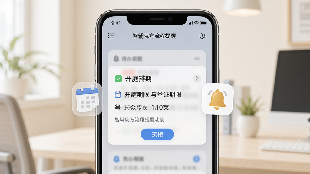 智辅院方流程提醒功能展示,画面中手机屏幕弹出待办事项提醒卡片,卡片上标注开庭排期与举证期限等字样,旁边配有日历图标与铃铛图标,背景为柔和浅色办公场景,风格清新简洁,细节丰富,画质高清干净无多余元素