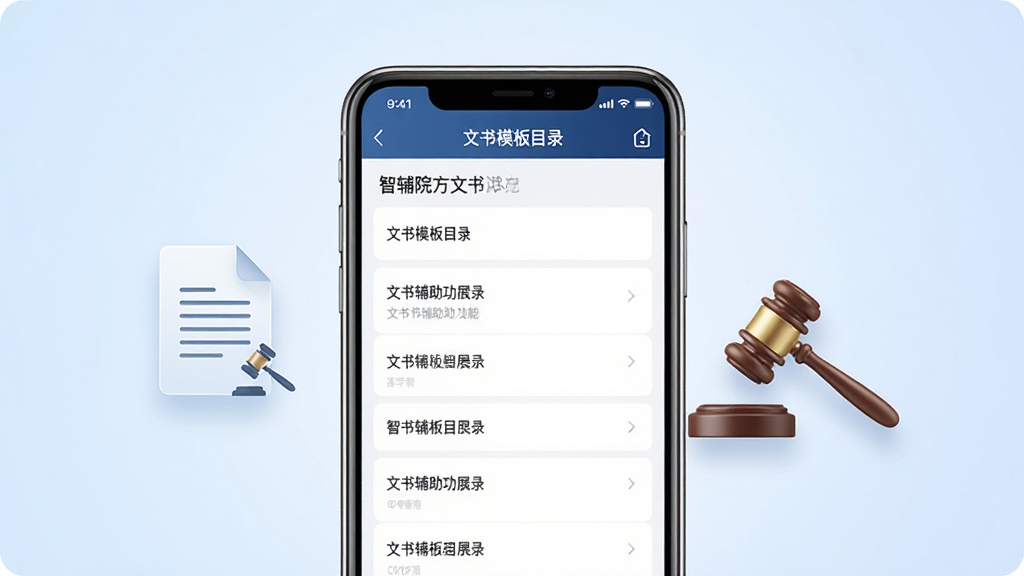 智辅院方文书辅助功能展示,画面中手机屏幕显示文书模板目录界面,屏幕旁边悬浮着文档图标与法槌图标,背景为淡蓝色渐变,风格严谨专业,布局居中,细节清晰,画质高清干净无多余元素