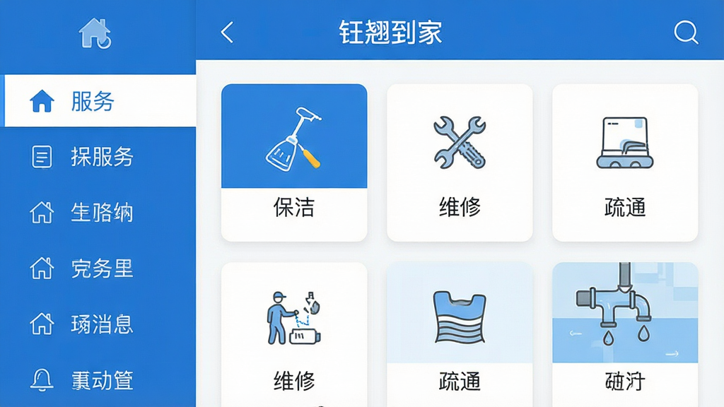 一张生活服务应用界面截图风格图片,画面中央为“钰翘到家”服务分类页面,左侧竖排类目导航,右侧展示保洁、维修、疏通等图标卡片;布局规整,排版疏密有致;风格为扁平化UI展示;细节包括蓝色主色调、白色卡片、细线条图标;画质清晰,干净,无多余元素