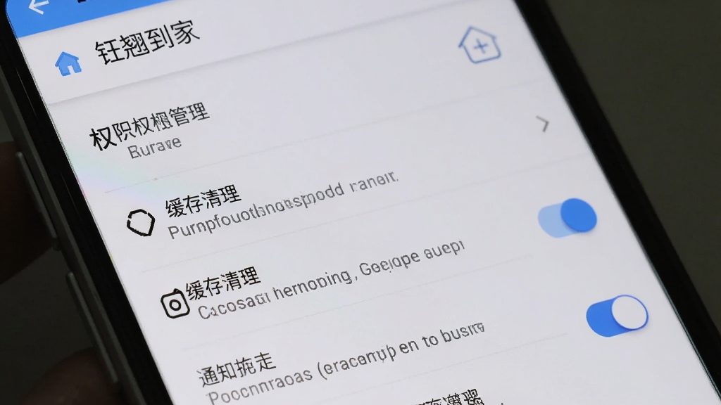 一部安卓手机屏幕显示“钰翘到家”应用设置页面,画面中包含权限管理、缓存清理、通知开关等选项列表;布局为纵向列表式,排版清晰;风格为真实手机界面展示;细节包括浅色背景、蓝色开关按钮、灰色说明文字;画质清晰,干净,无多余元素