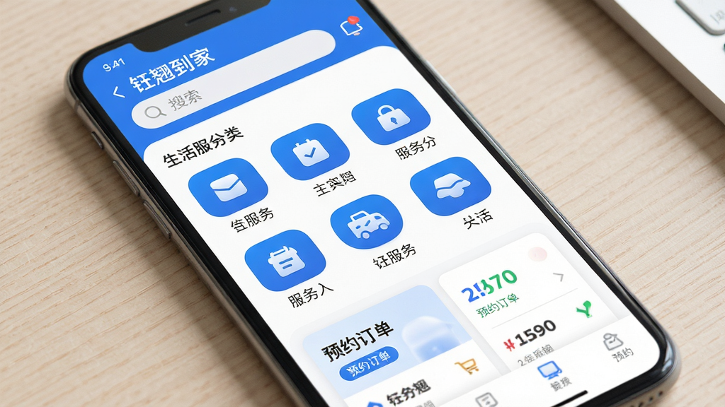 手机屏幕中展示一款名为“钰翘到家”的生活服务应用首页,页面布局包含顶部搜索栏、中部服务分类图标网格、下方预约订单卡片;整体采用蓝白配色,界面干净整洁;风格为写实产品展示风;细节包括圆角图标、清晰文字标签、手机置于浅色桌面背景上;画质清晰,干净,无多余元素
