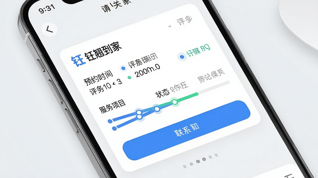 手机应用订单详情页展示图,画面中“钰翘到家”订单卡片显示预约时间、服务项目、状态进度条与联系按钮;布局为上下结构,信息层次分明;风格为现代简约UI风;细节包括进度节点高亮、浅灰背景、蓝色强调色;画质清晰,干净,无多余元素