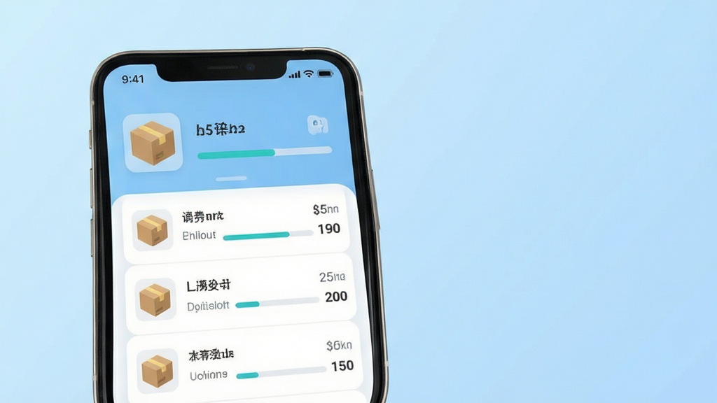 手机屏幕展示订单列表与物流跟踪页面,页面中有包裹图标与进度条,背景为浅蓝色渐变,风格扁平化,布局上下结构,细节清楚,画质干净,无多余元素