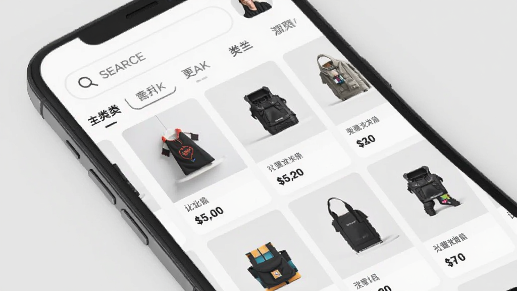 画面展示手机商城界面,商品以网格形式排列,每件商品配有缩略图与价格标签,顶部有搜索框与分类标签,背景为白色与浅灰色搭配,风格清爽简约,细节丰富,画质干净,无杂乱元素
