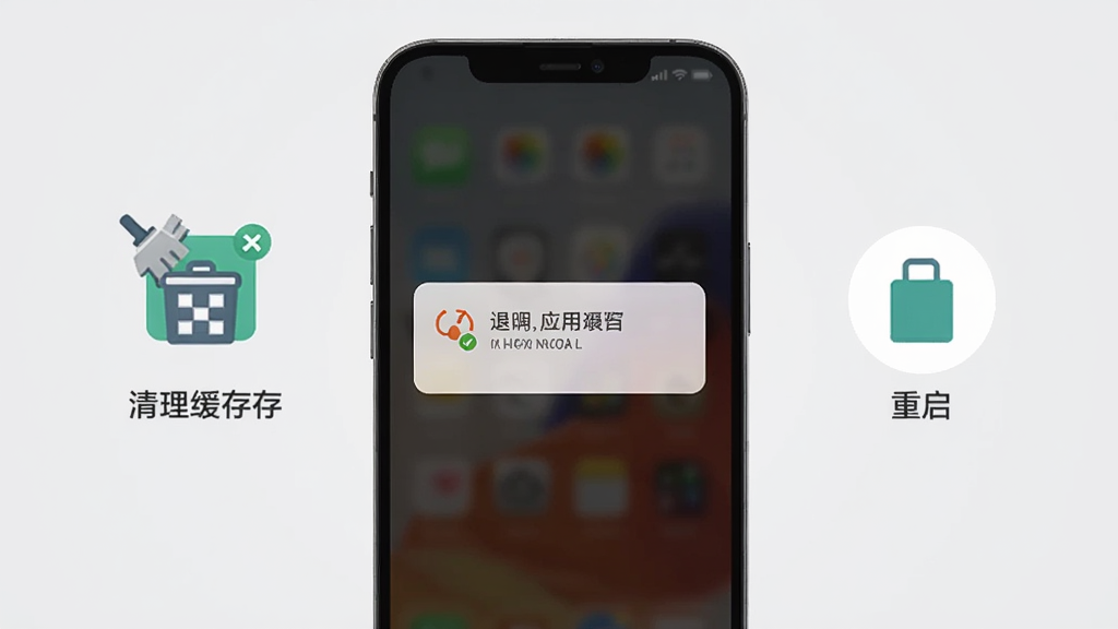 画面展示一部手机屏幕出现应用闪退提示弹窗,旁边有清理缓存与重启操作的示意图标,背景为浅灰色,风格简洁说明性,布局中心突出,细节清晰,画质干净,无多余元素