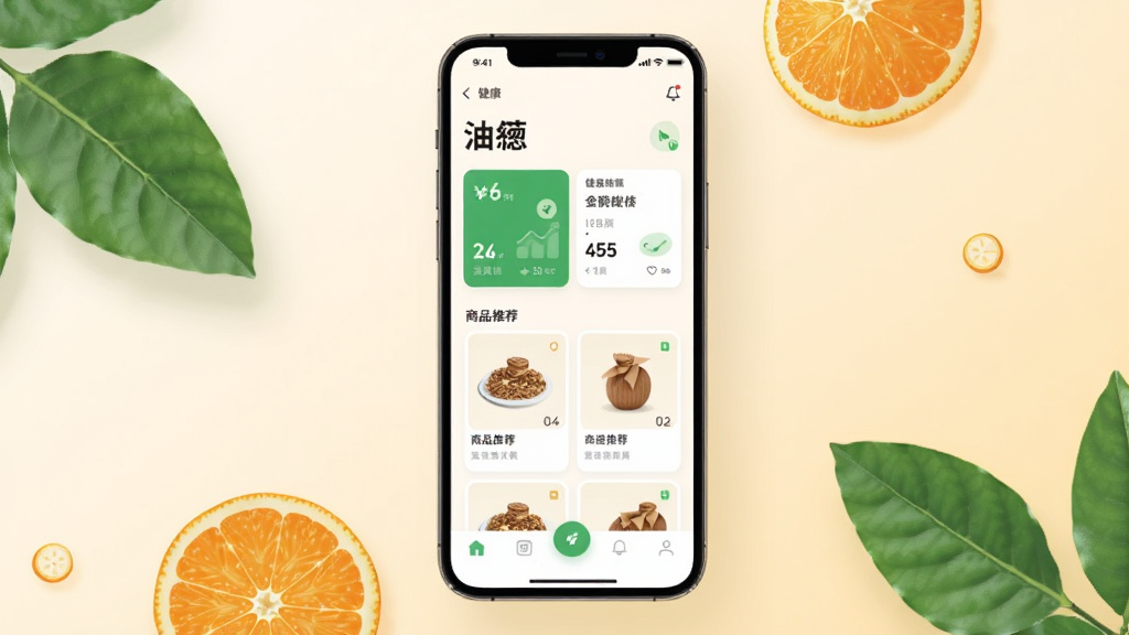 画面中央展示一部智能手机,手机屏幕上呈现“油葱”应用的主界面,界面包含健康数据卡片、商品推荐栏与底部导航栏,背景为浅米色渐变,四周点缀绿叶与橙子切片元素,整体风格清新自然、扁平化设计,画质干净清晰,无多余杂物