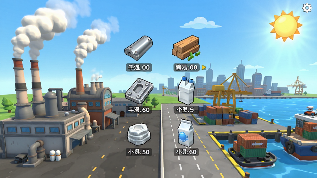 工厂生产与贸易界面,画面左侧是冒着白烟的工厂建筑群,右侧是货运码头与堆叠的货箱,中间悬浮着金属、木材、塑料等物资图标与数量标签,背景为晴朗天空下的城市远景,风格为卡通写实3D游戏画面,布局清晰,画质干净,无多余元素,画面中不出现文字