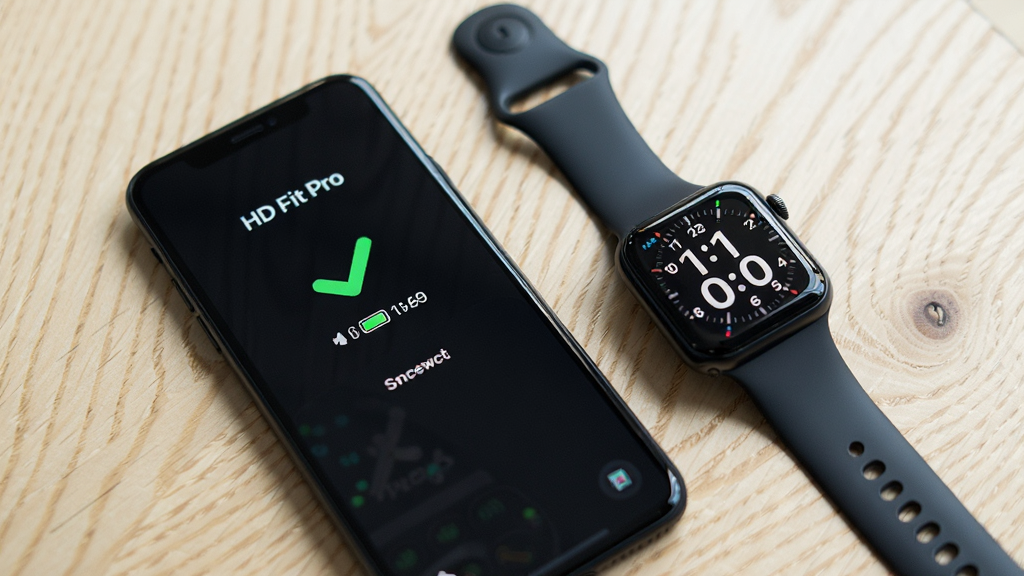 手机与智能手表放在一起,手机屏幕显示“HD Fit Pro”设备连接成功页面,页面中有绿色对勾标识和电量显示,手表屏幕显示时间表盘,背景为浅色木纹桌面,风格为简洁数码生活场景图,细节清晰,画质干净,无多余元素