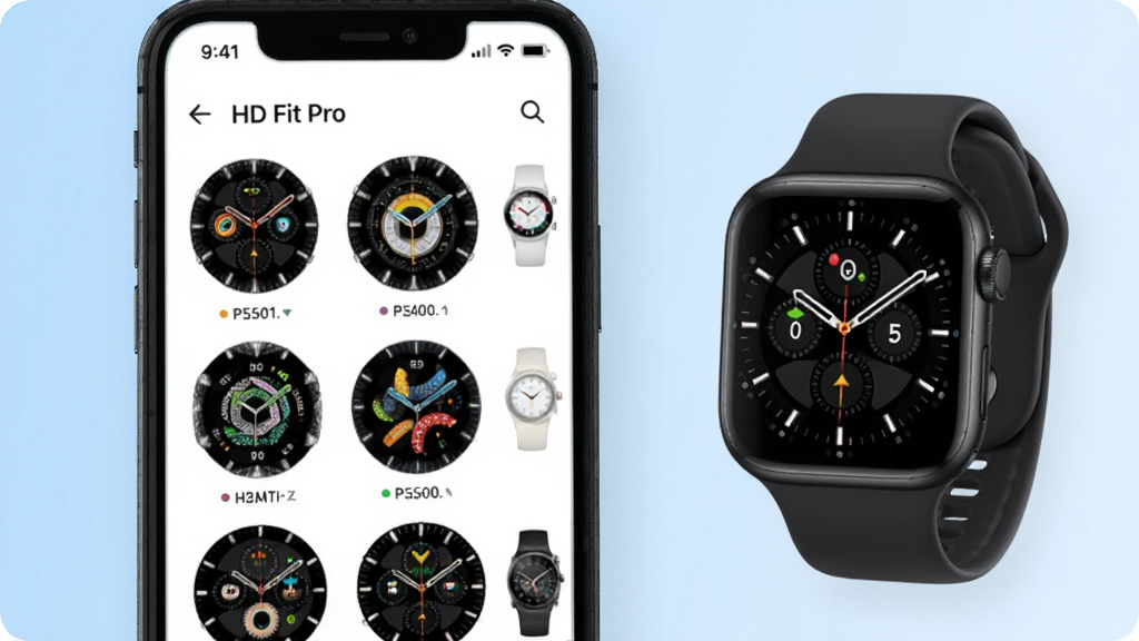 手机屏幕展示“HD Fit Pro”表盘管理页面,页面中排列着多款不同风格的表盘缩略图,手机旁边放着一只智能手表,手表表盘显示其中一款表盘样式,背景为浅蓝色渐变,风格为简洁应用界面展示图,细节清晰,画质干净,无多余元素