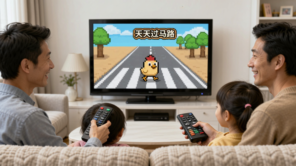 客厅场景中一家人坐在沙发上看电视,电视屏幕上显示